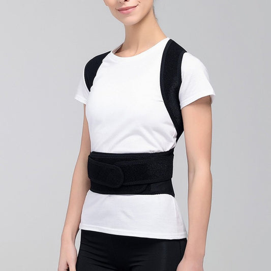 woman wearing adjustable posture corrector back support brace